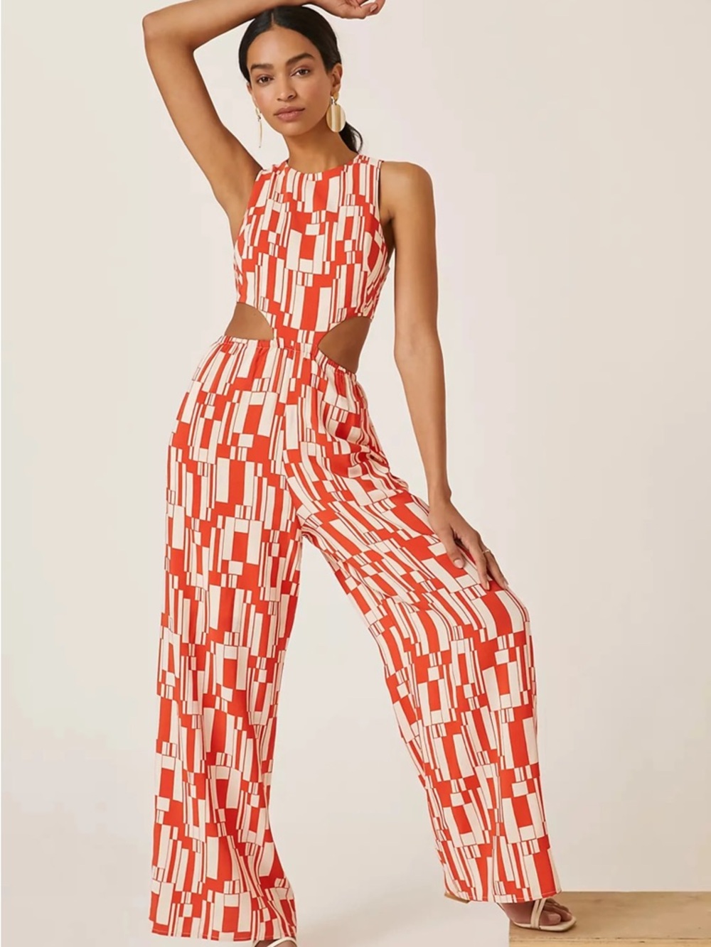 Anthropologie, Cutout Wide-Leg Jumpsuit in Red-White Geo Print size L